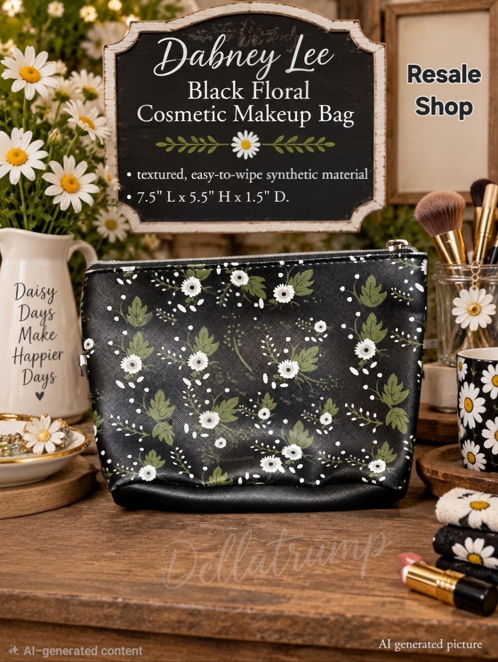 Dabney Lee Black Floral Cosmetic Makeup Bag 7.5" x 5.5 x 1.5" NWOT